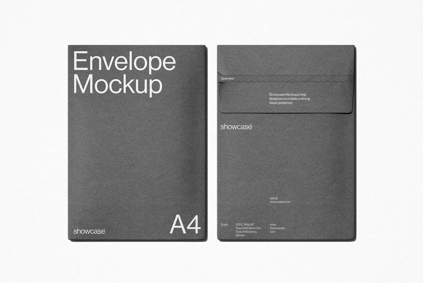 Professional A4 envelope mockup in grayscale, realistic presentation for branding, clean design for graphic designers.